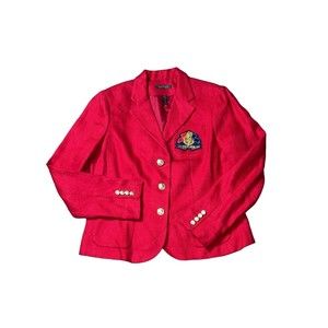 Ralph Lauren 100% Linen Gold Buttons Red Single Breasted Logo Crest Blazer 12